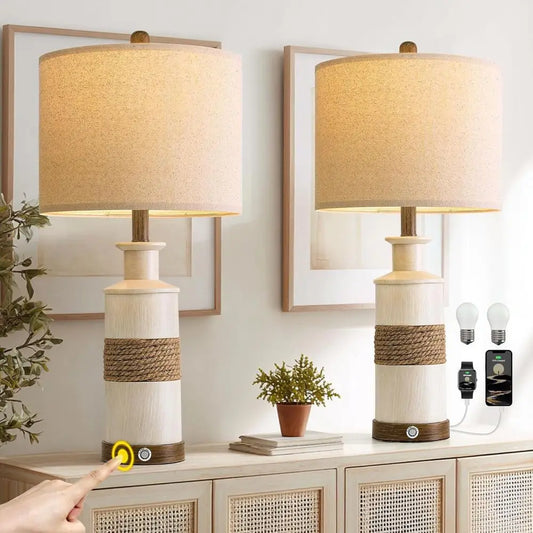 Rattan Table Lamps with USB Ports 3 Way Dimming Bedside Lights