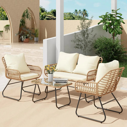 4-Piece Outdoor Patio Set with Cushions & Tempered Glass Table, All-Weather Rattan Bistro Set
