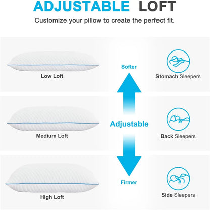 King Size Cooling Pillows Set of 2, Adjustable Shredded Memory Foam, Gel Infused 20x36 Inches