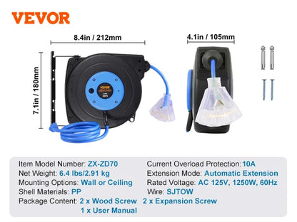 Retractable Extension Cord Reel 30FT Lighted Triple Tap Outlet