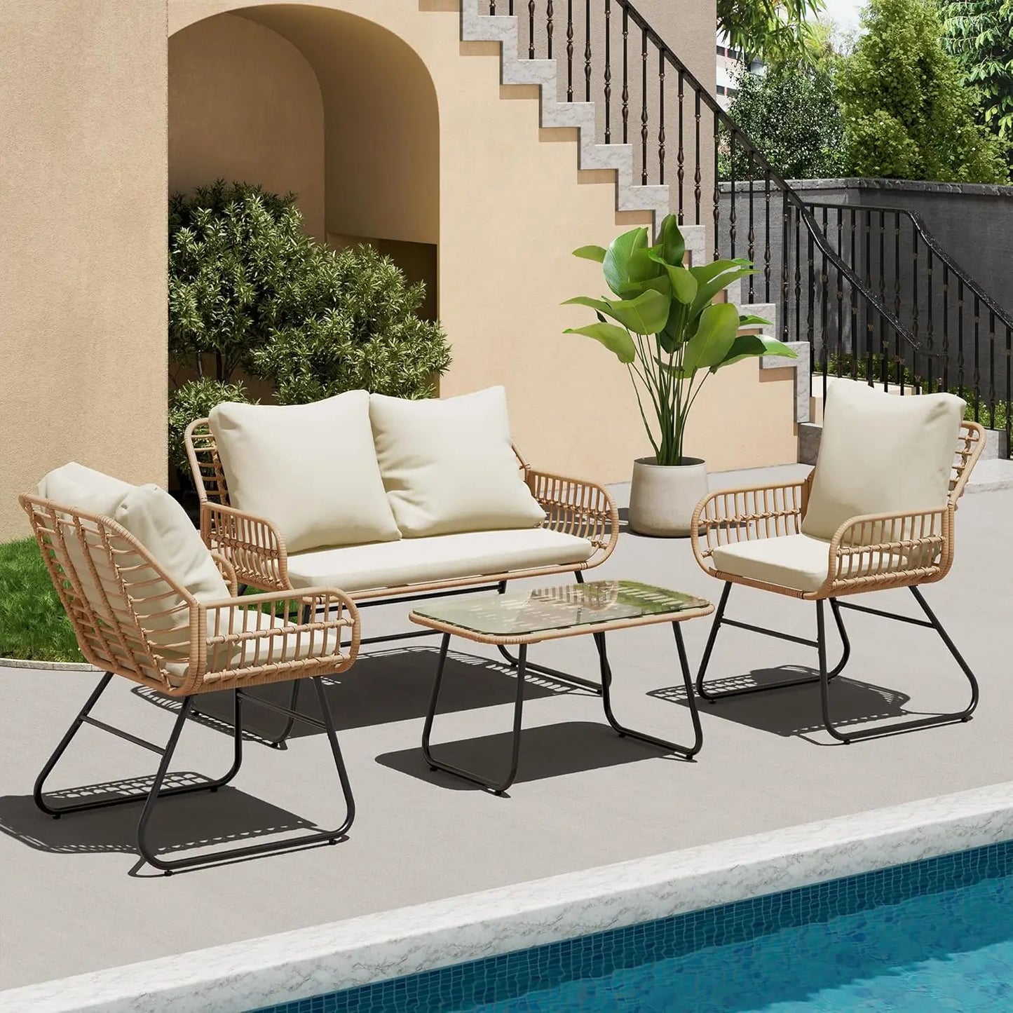 4-Piece Outdoor Patio Set with Cushions & Tempered Glass Table, All-Weather Rattan Bistro Set