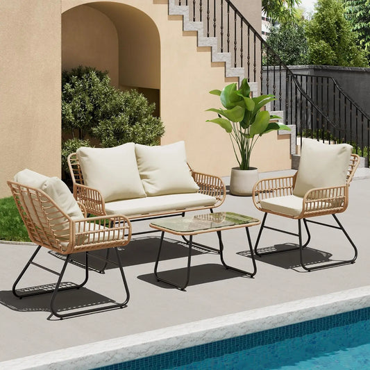 4-Piece Outdoor Patio Set with Cushions & Tempered Glass Table, All-Weather Rattan Bistro Set