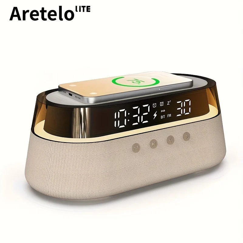 Aretelo Wireless Charging Digital Multi-Mode Alarm Clock, FM Radio, Bluetooth Speaker, Night Light