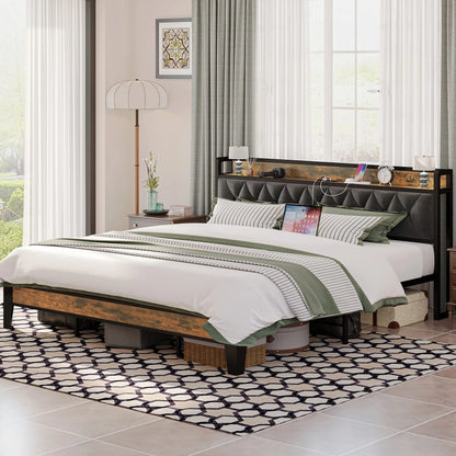 Storage Headboard Bed Frame with Outlets No Box Spring Needed