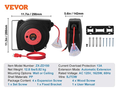 Retractable Extension Cord Reel 50FT Lighted Triple Tap Outlet