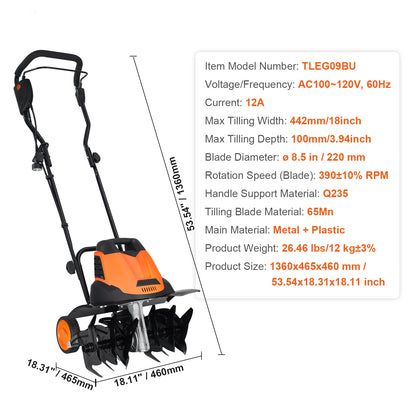 Electric Tiller 12 Amp 18" Width 3.94" Depth Corded