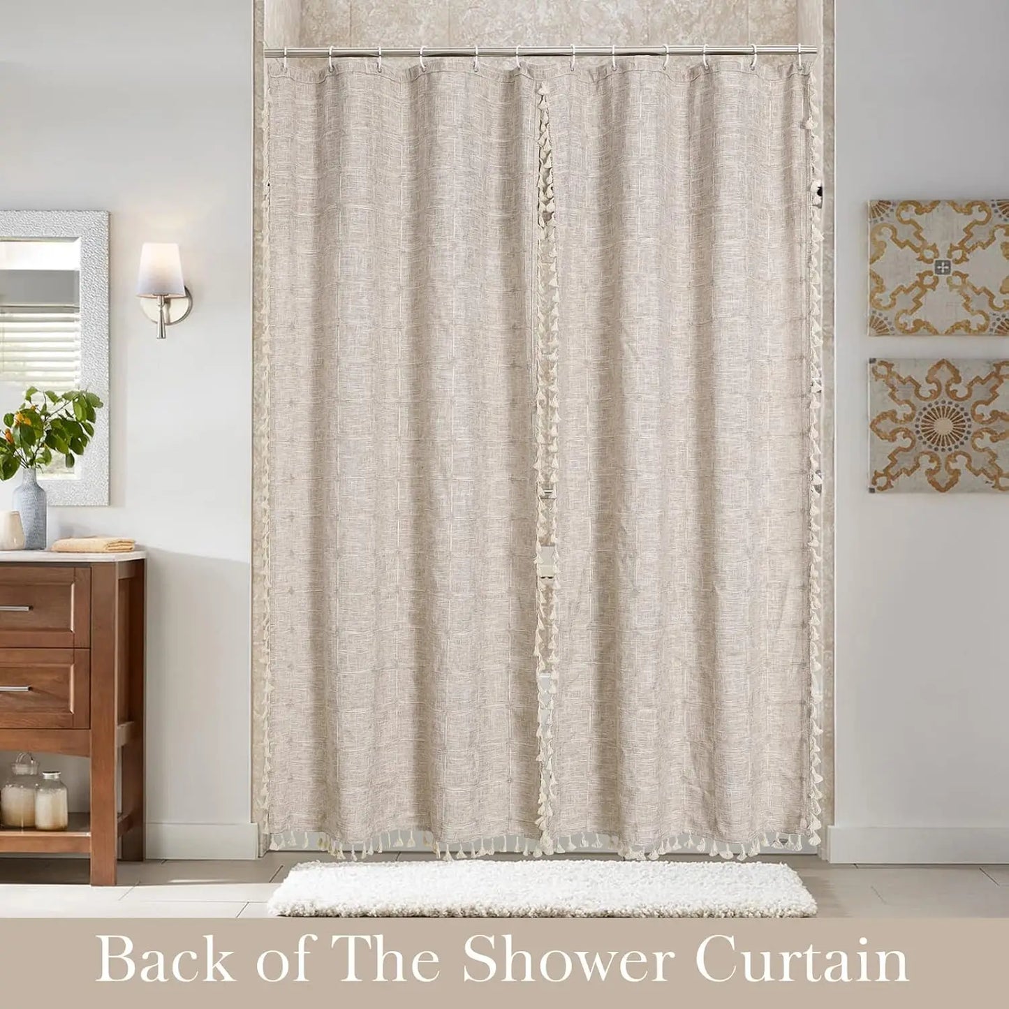 Tan Boho Double Swag Shower Curtain, Polyester Linen Fabric with Rust-Resistant Hooks, 72x72 Inches