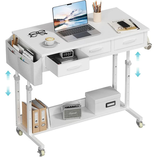 Portable Rolling Computer Desk 40" Adjustable w/ 3 Fabric Drawers