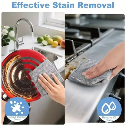 Stainless steel scrubber pads in action for effective stain removal from cookware and surfaces.